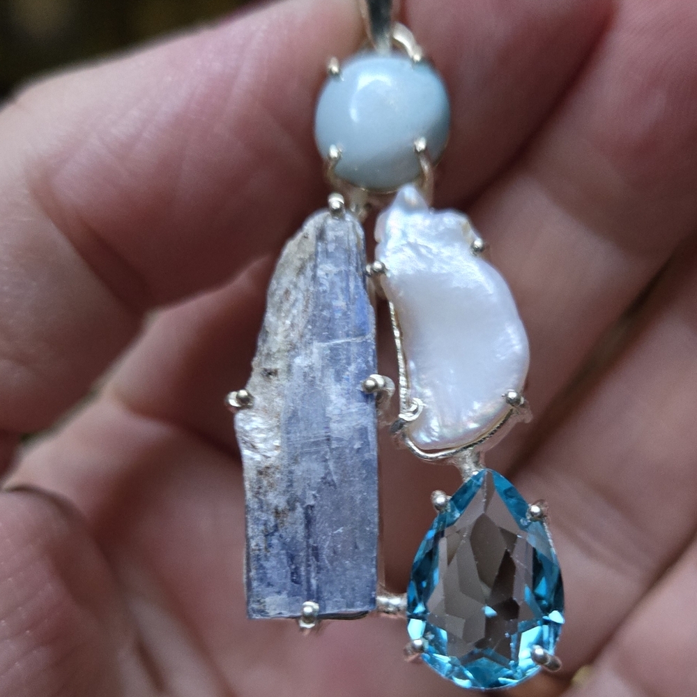 Larimar kyanite pearl & Topaz sterling silver pendant - Picture 2 of 7